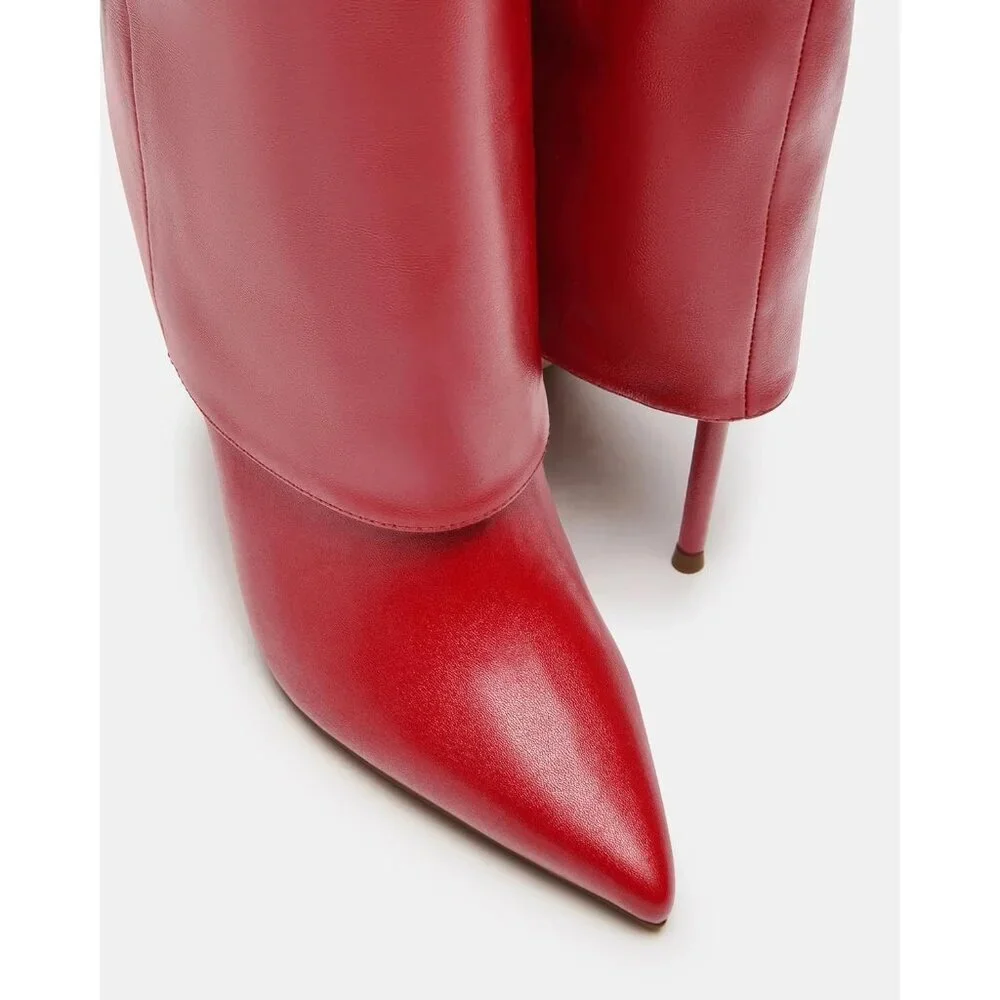 Women's Red Knee High  Wide Calf Pointed Toe Stiletto Fem Flame Stylish Heel